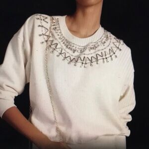Anthropologie Maeve Rhinestone Embellished Sweatshirt Light Sand Size L